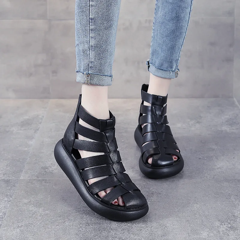 

Cowhide Slope Heel Waterproof Platform Roman Shoes Leather Retro Hollow Sandals 2021 Summer New Baotou High-top Women Sandals