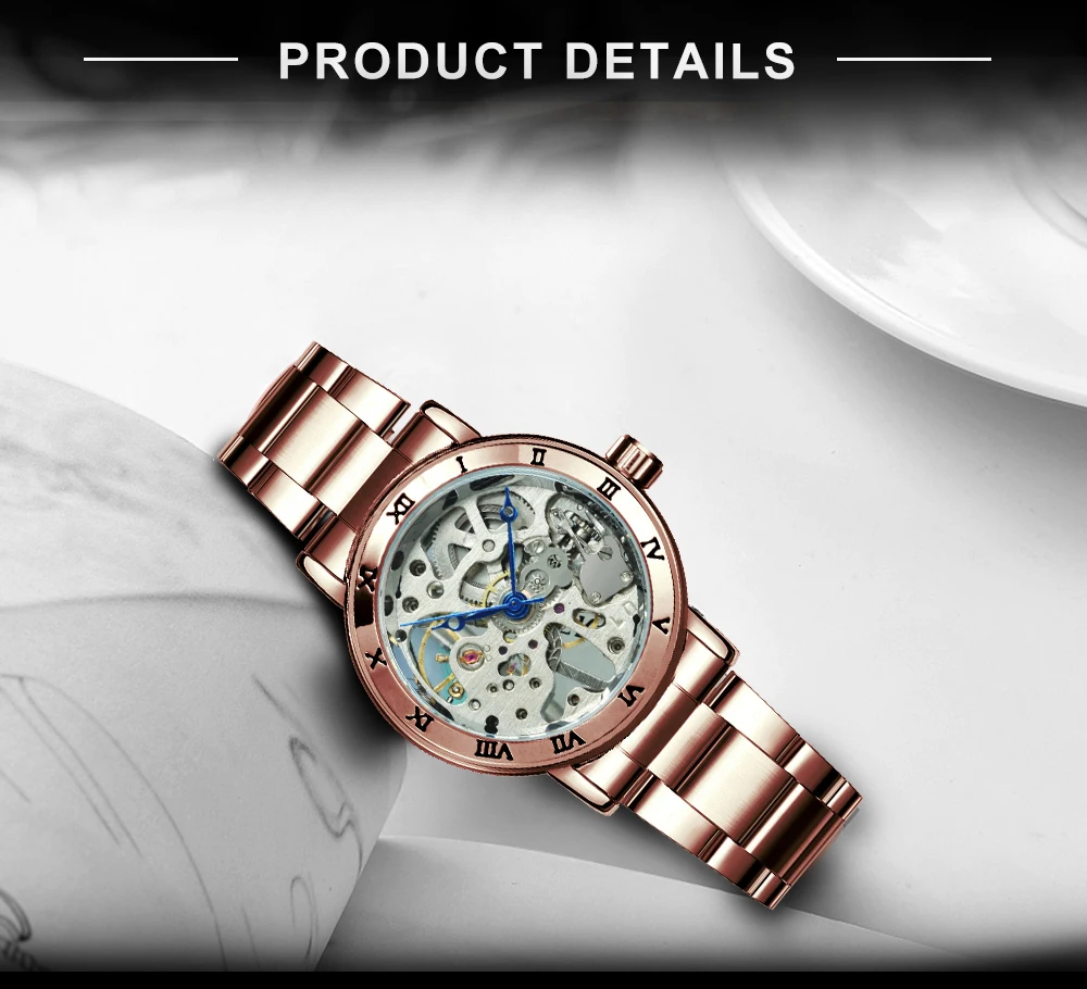 WINNER Fashion Royal Mechanical Watch Women Dress Classic Watches Golden Strainless Steel Thin Belt Wristwatch Top Luxury Brand | Наручные