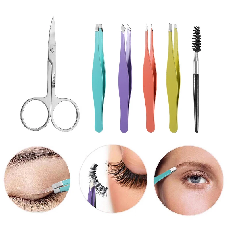 

6Pcs Stainless Steel Eyelash Tweezers Eyebrow Trimming Clip Color Flat Oblique Mouth Hook Mouth Beauty Brows Clip Tools Set