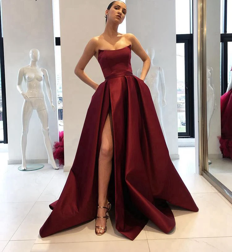 Blush Pink Prom Dresses with Pockets High Split Strapless Satin Elegant Burgundy Arabic Women Long Formal Evening Party Gowns 
Blush Pink Prom Dresses with Pockets High Split Strapless Satin Elegant Burgundy Arabic Women Long Formal Evening Party Gowns