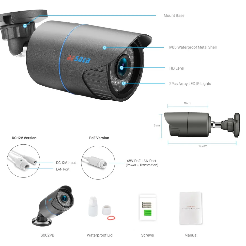BESDER HD 1080P Outdoor Waterproof Bullet IP Camera Home Camera Motion Detect Night Vision ONVIF 2.0 P2P 48V PoE Security Camera
BESDER HD 1080P Outdoor Waterproof Bullet IP Camera Home Camera Motion Detect Night Vision ONVIF 2.0 P2P 48V PoE Security Camera