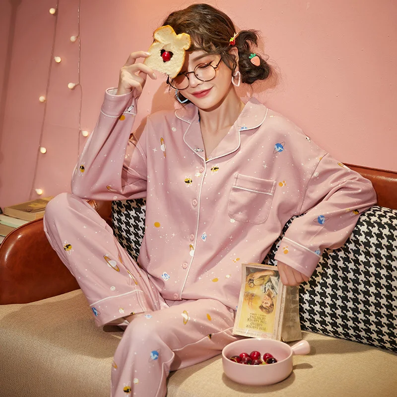 For Women Autumn Cotton Pajamas Sexy V-neck Cardigan Nightwear Casual Outdor Loose Sleepwear Kawaii Pink Stars pattern Pajamas
For Women Autumn Cotton Pajamas Sexy V-neck Cardigan Nightwear Casual Outdor Loose Sleepwear Kawaii Pink Stars pattern Pajamas