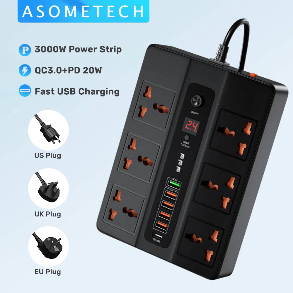 3000W Power Strip 6 AC Outlets 2M EU UK US Plug Extension Socket 6 USB Charging Output Multi-Port QC3.0 PD 20W USB Charger
3000W Power Strip 6 AC Outlets 2M EU UK US Plug Extension Socket 6 USB Charging Output Multi-Port QC3.0 PD 20W USB Charger