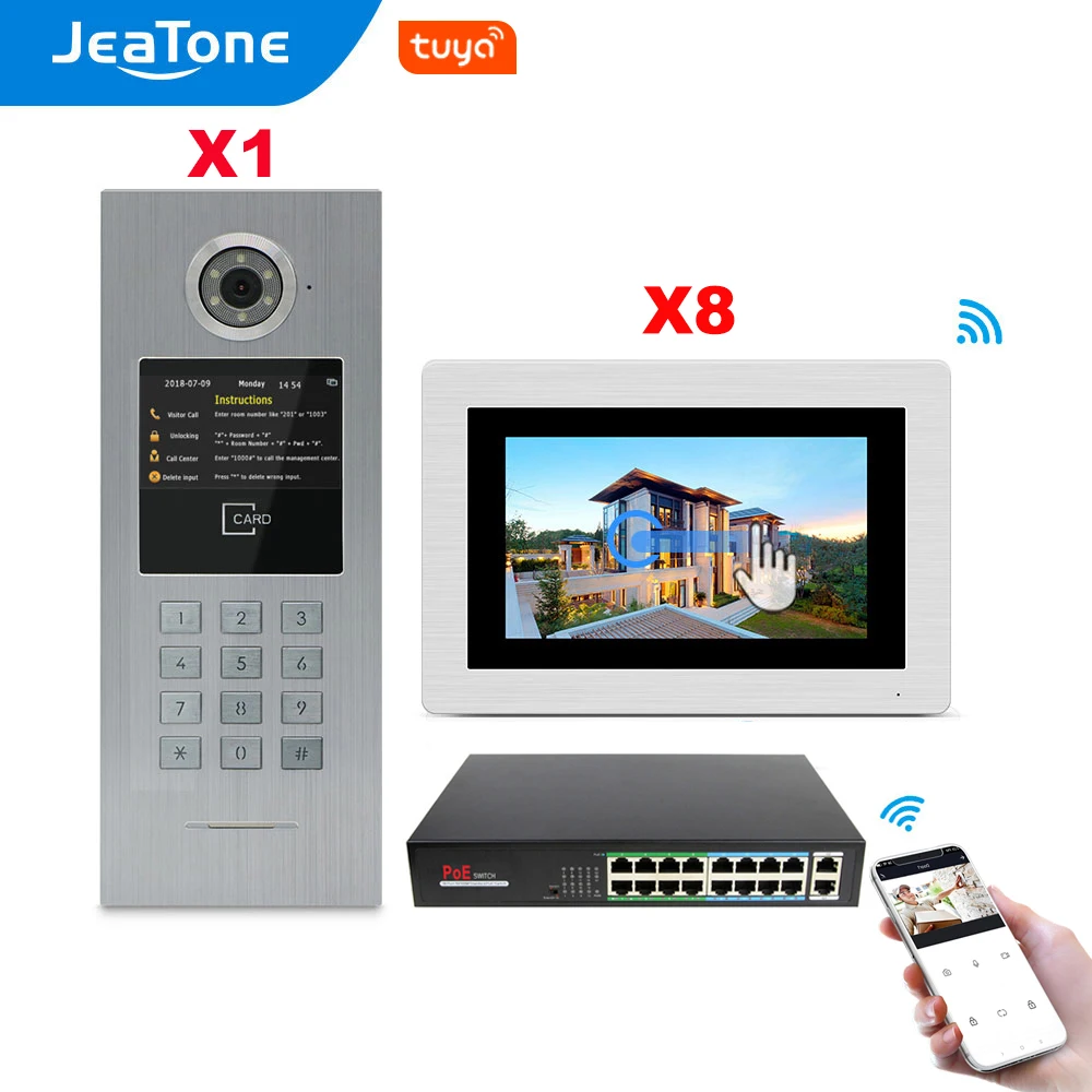 

7'' Touch Screen WIFI IP Video Door Phone Intercom +POE Switch 8 Floors Building Access Control System Support Password/IC Card