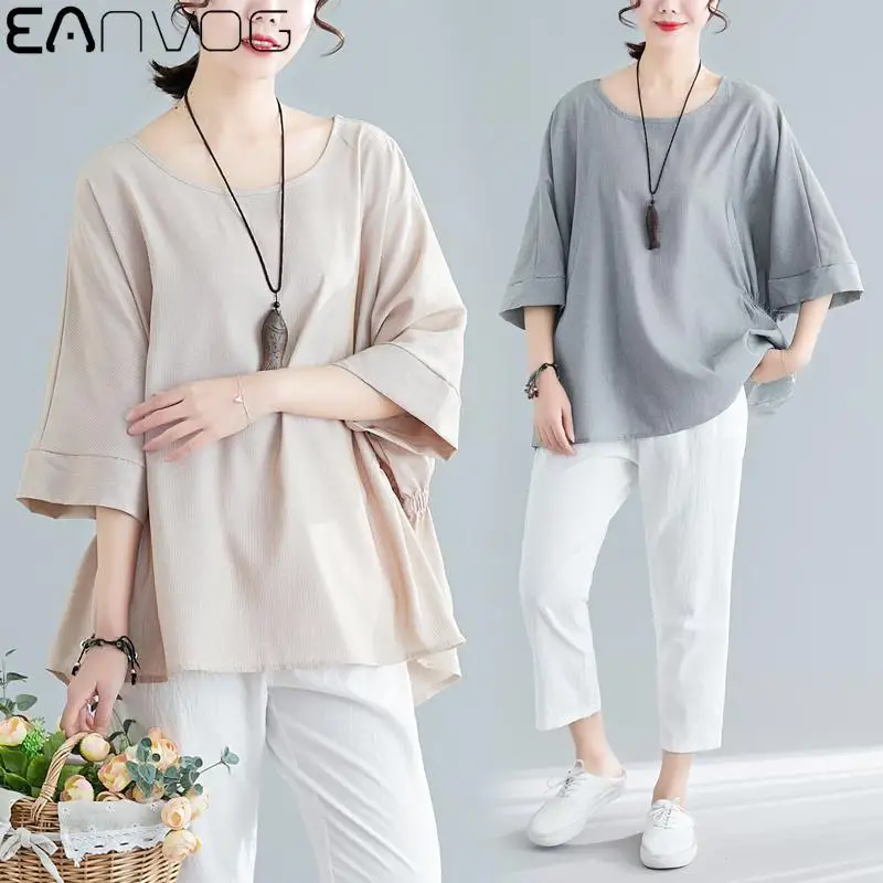 EAnvog 2021 Women's Summer Fashion Pleated Round Neck Bat Short Sleeve Plus Size Loose Casual Tops Cotton Linen Solid Blouse
EAnvog 2021 Women's Summer Fashion Pleated Round Neck Bat Short Sleeve Plus Size Loose Casual Tops Cotton Linen Solid Blouse