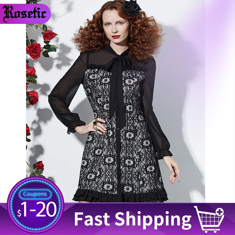 Rosetic Women Dresses Elegant Black Gothic Patchwork Bow Collar Solid Button Mesh Female Office Lady Lace Chiffon Dresses
Rosetic Women Dresses Elegant Black Gothic Patchwork Bow Collar Solid Button Mesh Female Office Lady Lace Chiffon Dresses