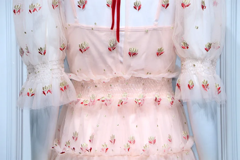 Runway Women Mesh Dress 2020 Summer Cute See Through Puff Short Sleeve Elastic Waist Embroidery Tunic Tiered Dress Party Dress 
Runway Women Mesh Dress 2020 Summer Cute See Through Puff Short Sleeve Elastic Waist Embroidery Tunic Tiered Dress Party Dress
