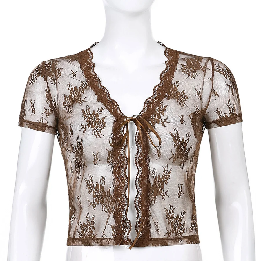 Hot Sale Floral Lace Cardigans Y2K Brown Crop Top Frill Cute T Shirt Tie Up Short Sleeve Tshirt Women Harajuku Tee Top Vintage
Hot Sale Floral Lace Cardigans Y2K Brown Crop Top Frill Cute T Shirt Tie Up Short Sleeve Tshirt Women Harajuku Tee Top Vintage