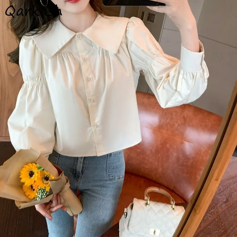 

Shirts Women Cropped Elegant All-match Simple Peter Pan Collar Simple Cozy Kawaii Tender Lovely Tops Clothes Daily Ulzzang New