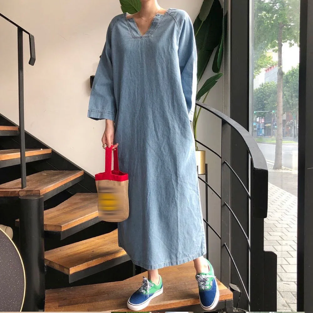 Japanese Style Women's Dress 2021 Summer Korean Fashion Loose Casual Simple Solid Color Cowboy V-neck 9-point Sleeve
Japanese Style Women's Dress 2021 Summer Korean Fashion Loose Casual Simple Solid Color Cowboy V-neck 9-point Sleeve