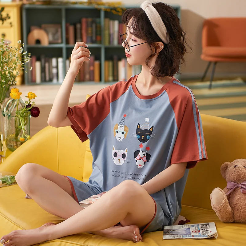 2021 Summer Cotton Short Sleeve Thin Women's Pajamas Cartoon Cute Sleewpear Korean Loose Students Can Wear Patchwork Homewaer
2021 Summer Cotton Short Sleeve Thin Women's Pajamas Cartoon Cute Sleewpear Korean Loose Students Can Wear Patchwork Homewaer
