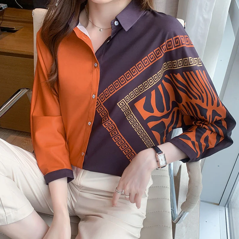

Женская шелковая рубашка с блокировкой цветов, новинка 2021, модная атласная блузка из цветного шелка тутового шелкопряда с рукавами «восемь ...