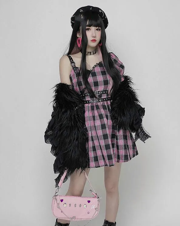 

Harajuku Gothic Women Fashion Asymmetric Pink Plaid Bubble Sleeve Dress Female Lolita Temperament Slim Sweet Kawaii Dress