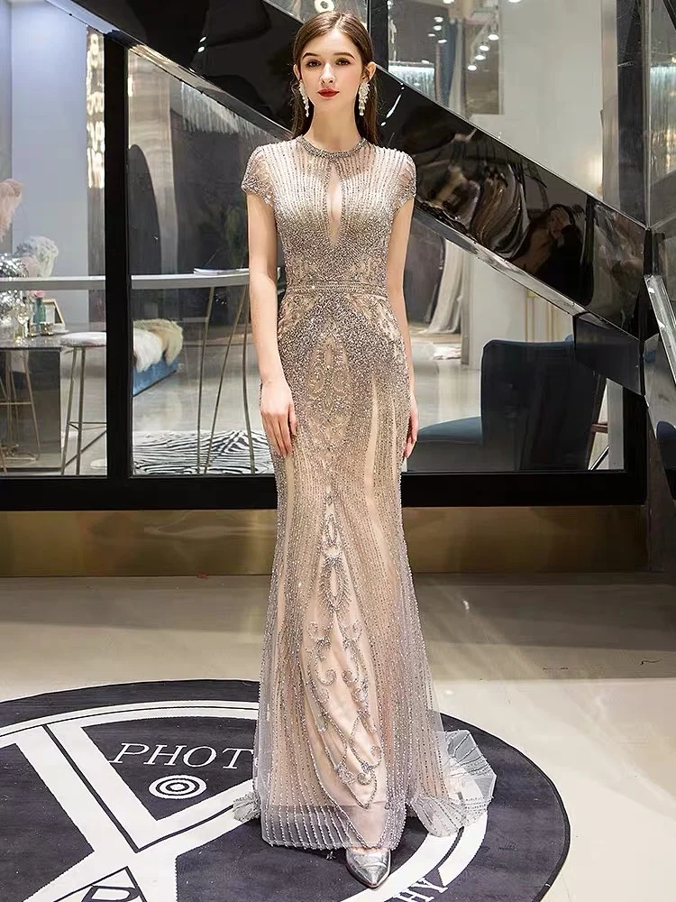 Luxury Silver Grey Evening Dress Mermaid Dubai Sparkly Crystal Diamond Bead O-neck Wedding Party Formal Prom Celebrity Gown 2022
Luxury Silver Grey Evening Dress Mermaid Dubai Sparkly Crystal Diamond Bead O-neck Wedding Party Formal Prom Celebrity Gown 2022