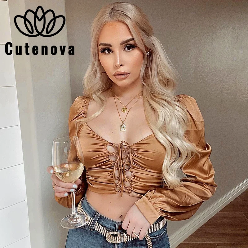 Новинка Осень CuteNova, новинка, Женская Однотонная футболка с U-образным вырезом и рукавами-фонариками и открытой спиной 
Новинка Осень CuteNova, новинка, Женская Однотонная футболка с U-образным вырезом и рукавами-фонариками и открытой спиной