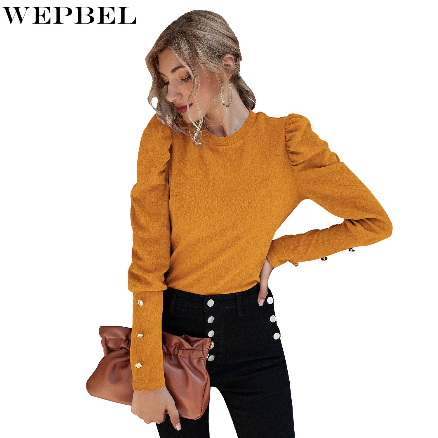 WEPBEL T-shirt Autumn Fashion Solid Color Slim Buttoned T-shirt Women's Casual O-Neck Long Sleeve Pleated Stitching T-shirt
WEPBEL T-shirt Autumn Fashion Solid Color Slim Buttoned T-shirt Women's Casual O-Neck Long Sleeve Pleated Stitching T-shirt