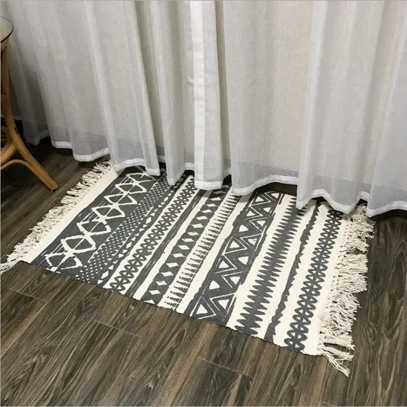 Хлопковый коврик черный марокканский ковер boho коврики с кисточками килим для