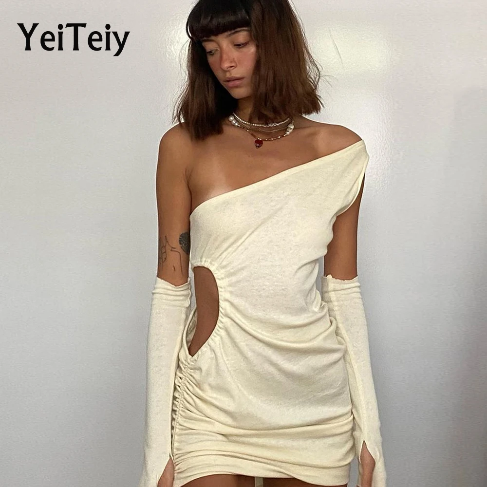 Платье Yeiteiy женское стрейчевое, легкая ажурная мини-юбка со складками и косым плечом, с рукавом, повседневная одежда 
Платье Yeiteiy женское стрейчевое, легкая ажурная мини-юбка со складками и косым плечом, с рукавом, повседневная одежда