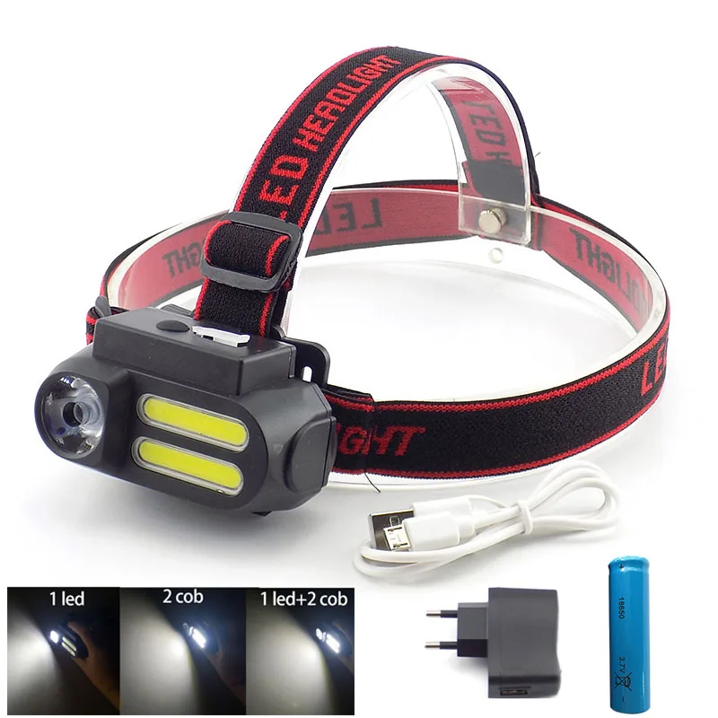 Налобный фонарь на 3 светодиодах XPE Led COB USB Перезаряжаемый головной светильник 18650