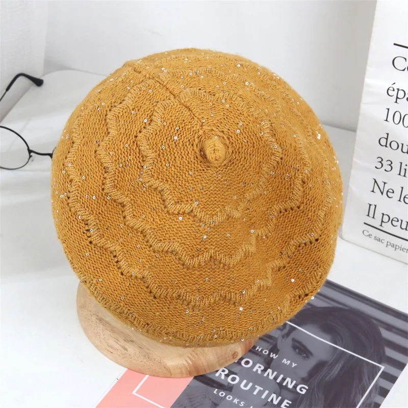 Women Beret Autumn Winter Warmth All-match Crimped Sequin Knitted Hat Pure Color Korean Version Ladies Caps
Women Beret Autumn Winter Warmth All-match Crimped Sequin Knitted Hat Pure Color Korean Version Ladies Caps