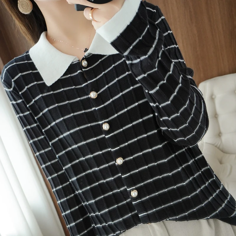 Lafarvie Spring Autumn Cotton Women Sweater Tops For 2021 Turndown Collar Striped Cardigan Casual Long Sleeve Knit Junper Clothe 
Lafarvie Spring Autumn Cotton Women Sweater Tops For 2021 Turndown Collar Striped Cardigan Casual Long Sleeve Knit Junper Clothe