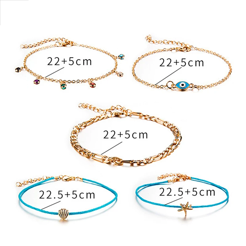 5pcs/set Boho Summer Blue Rope Gold Chain Starfish Shell Eye Colorful Rhinestone Ankle Bracelet for Women Anklets New
5pcs/set Boho Summer Blue Rope Gold Chain Starfish Shell Eye Colorful Rhinestone Ankle Bracelet for Women Anklets New
