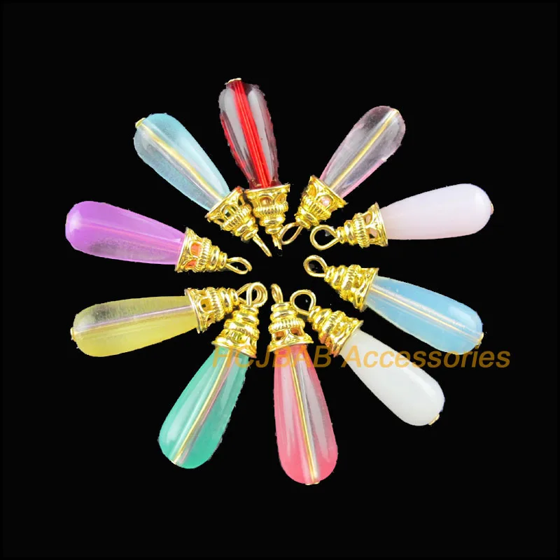 

10Pcs Mixed Crystal Teardrop Cylinder Charms Gold Color Leaves Bail Pendants 8x29mm