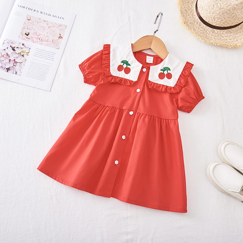 

2022 Summer Baby Girls Cherry Print Short Sleeve Dresses Red Sweet Children Fashion Causal Carnival Dress Newborns Cute Clothing