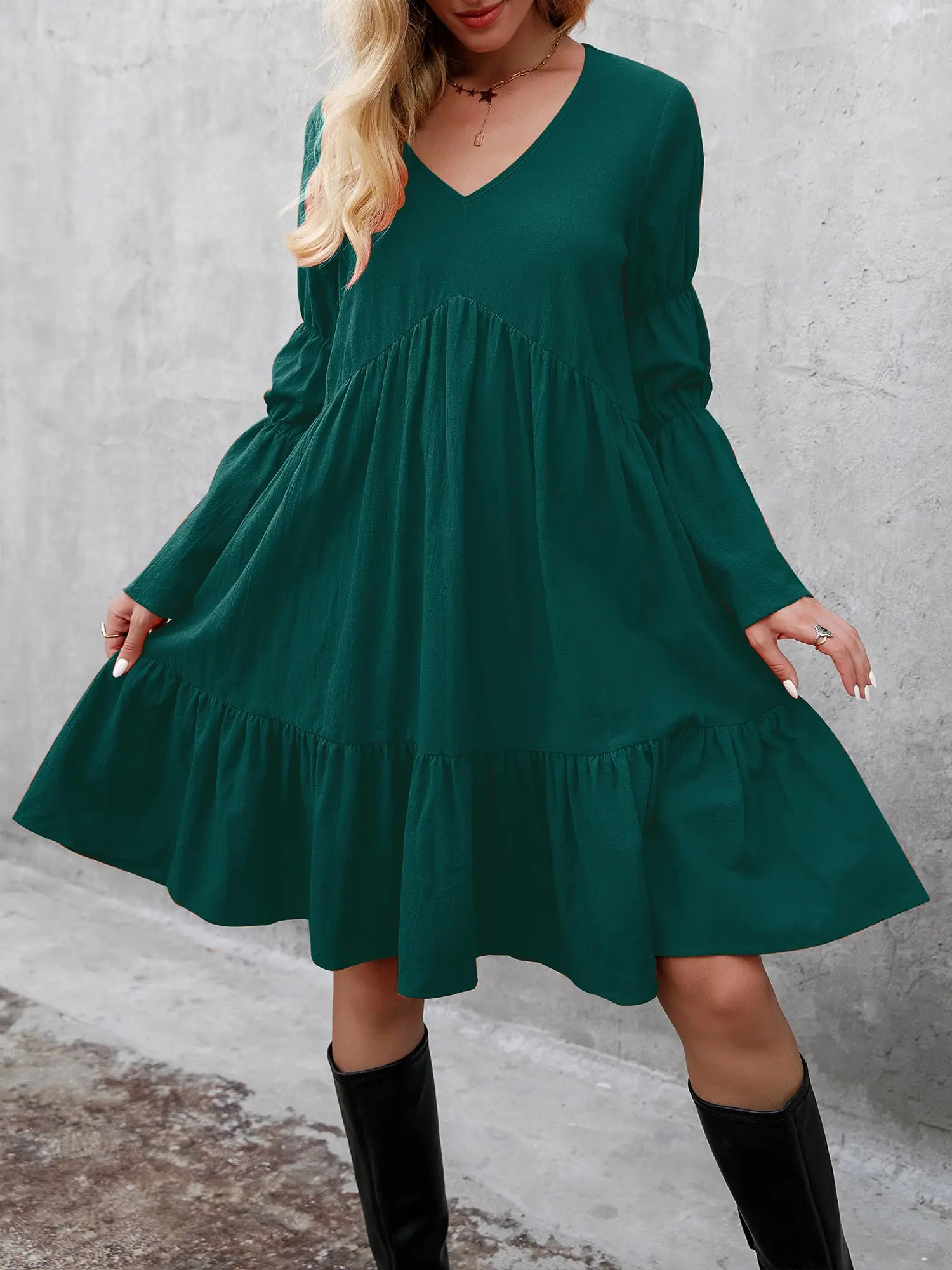 Casual Lantern Long Sleeve Mini Dress Spring Autumn Women's Elegant Solid Color V-Neck Ruffle Pullover Dress Vestidos femininos
Casual Lantern Long Sleeve Mini Dress Spring Autumn Women's Elegant Solid Color V-Neck Ruffle Pullover Dress Vestidos femininos