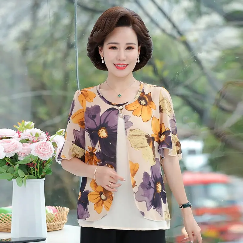 Женский шифоновый пуловер с имитацией двух предметов, блузки, рубашки, топы для мам, летняя рубашка с круглым вырезом и принтом для женщин ср... 
Женский шифоновый пуловер с имитацией двух предметов, блузки, рубашки, топы для мам, летняя рубашка с круглым вырезом и принтом для женщин ср...