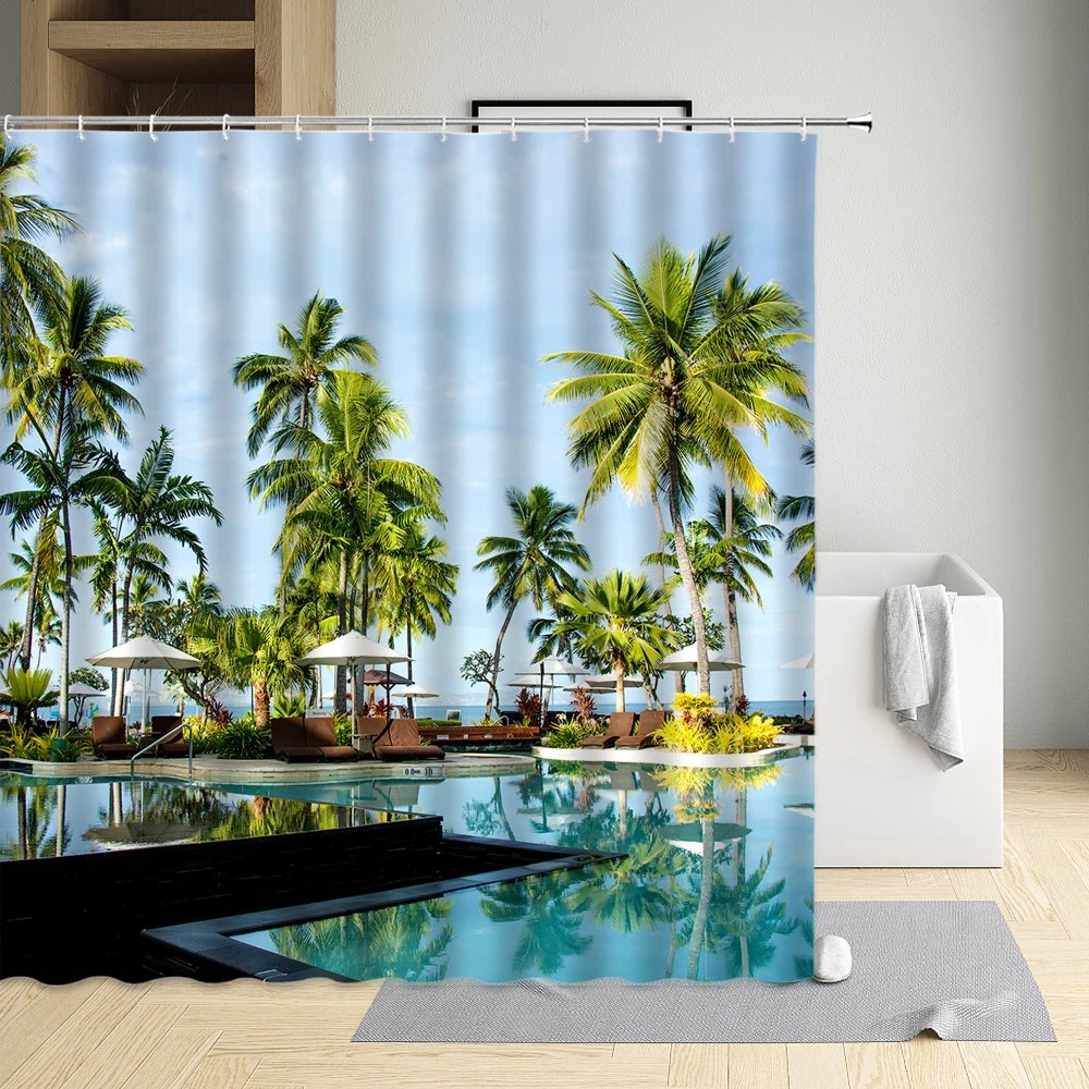 

Palm Tree Shower Curtain Sea Surface Golden Sandy Beach Recliner Rock Home Bathtub Bathroom Decor Bath Screen With Hook Washable