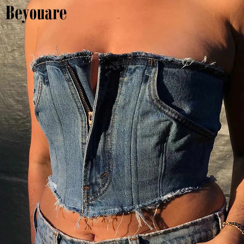 Beyouare Vintage Cowboy Corset Women Tank Top Backless Bandage Zipper Pocket Strapless Ultrashort Vest Summer Fashion Streetwear 
Beyouare Vintage Cowboy Corset Women Tank Top Backless Bandage Zipper Pocket Strapless Ultrashort Vest Summer Fashion Streetwear
