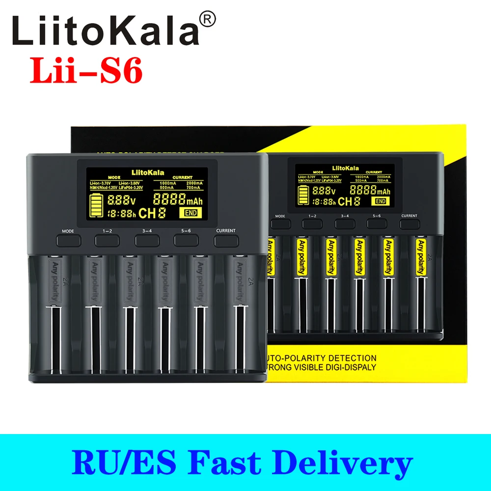 Зарядное устройство LiitoKala Lii-S6, зарядное устройство 18650, 6-слотовое автоматическое определение полярности для батарей 18650, 26650, 21700, 32650, AA, AAA
Зарядное устройство LiitoKala Lii-S6, зарядное устройство 18650, 6-слотовое автоматическое определение полярности для батарей 18650, 26650, 21700, 32650, AA, AAA