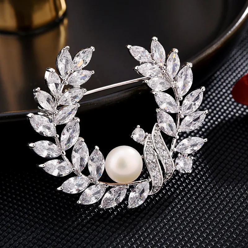 

New Fashion Branches Brooches Bouttoniere for Women Cubic Zirconia Olive Branch Pearl Corsage Luxury Wedding Bridal Corsage
