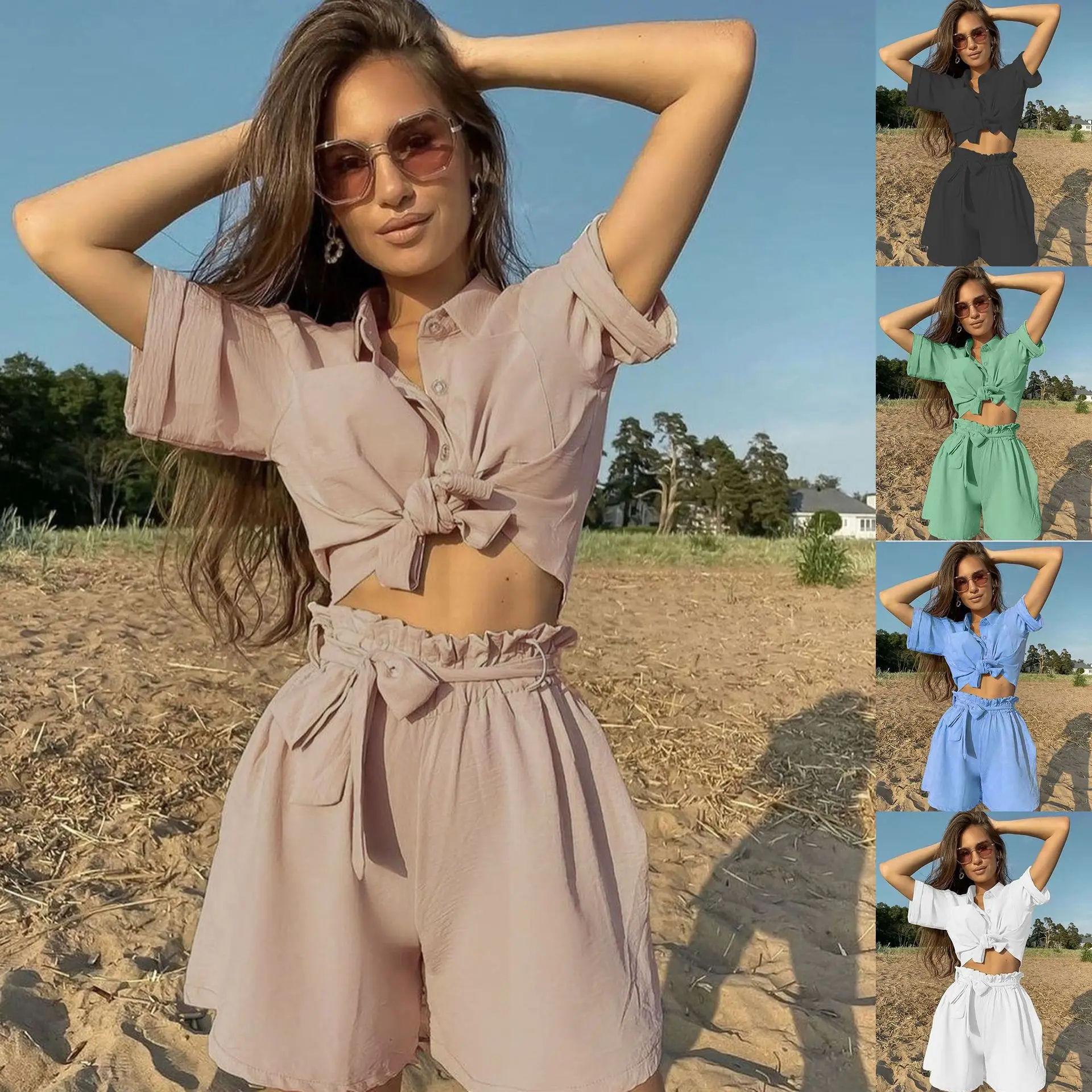 2Pcs Women Summer Tracksuit, Solid Color Short Sleeve Shirt + High-Waist Loose Shorts Suit
2Pcs Women Summer Tracksuit, Solid Color Short Sleeve Shirt + High-Waist Loose Shorts Suit