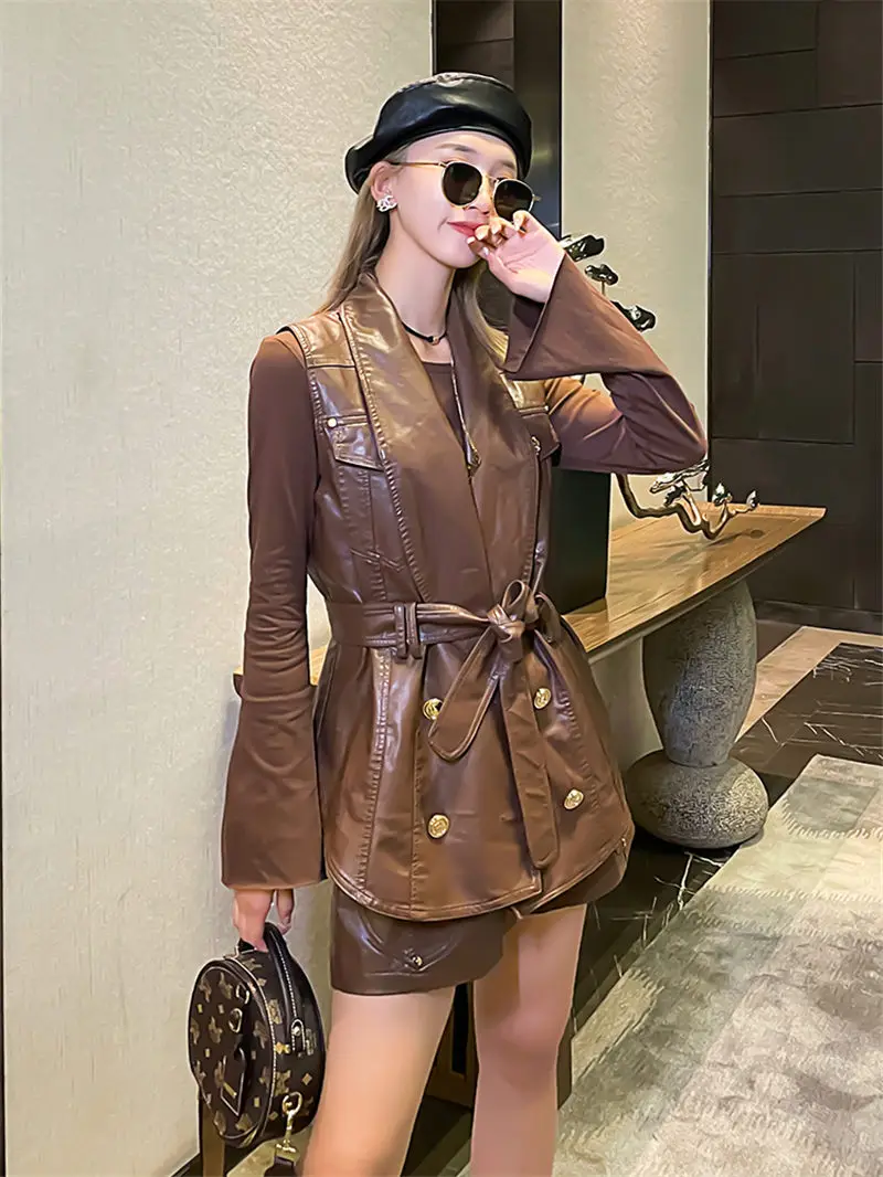 Куртка из матовой кожи, короткий Свободный жилет без рукавов, приталенный силуэт с поясом, уличная одежда, м433, весна-осень 
Куртка из матовой кожи, короткий Свободный жилет без рукавов, приталенный силуэт с поясом, уличная одежда, м433, весна-осень