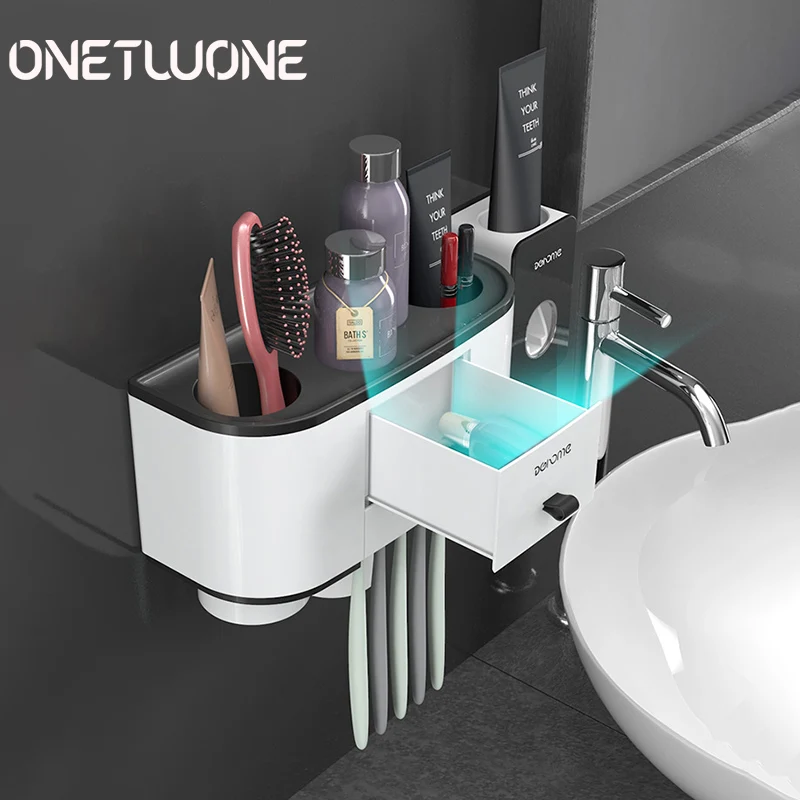 Toothbrush holder automatic toothpaste dispenser squeezer for bathroom storage rack wall bracket bathroom accessories sets 
Toothbrush holder automatic toothpaste dispenser squeezer for bathroom storage rack wall bracket bathroom accessories sets