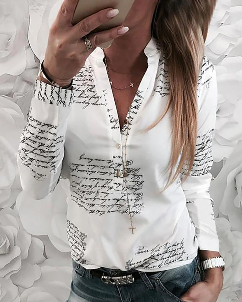 Women Fashion Casual Letter Print Button Design Oversized Shirt V Neck Long Sleeve Plus Size Office Lady Shirts
Women Fashion Casual Letter Print Button Design Oversized Shirt V Neck Long Sleeve Plus Size Office Lady Shirts