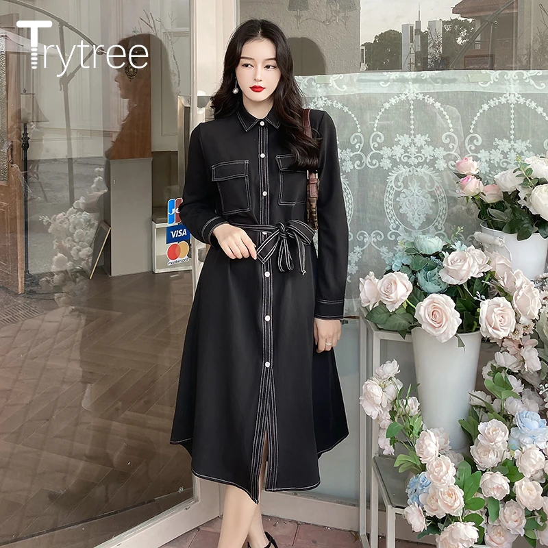 Trytree 2021 Spring Summer Women's Dress Casual Solid Turn-down Collar Pockets Single Breasted Mid-Calf Office Lady Black Dress
Trytree 2021 Spring Summer Women's Dress Casual Solid Turn-down Collar Pockets Single Breasted Mid-Calf Office Lady Black Dress