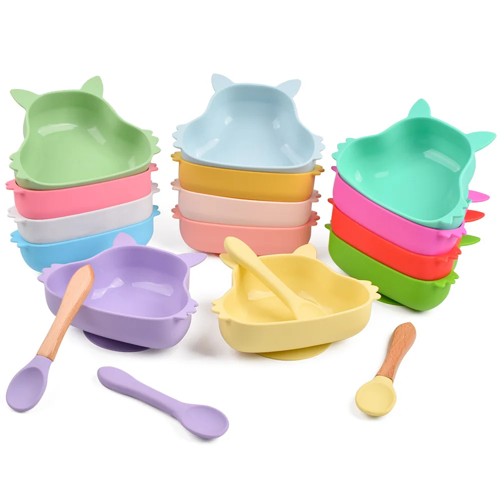 Детская силиконовая миска для кормления с присоской в форме белки, набор посуды для детей ложкой, детские тарелки, кухонная посуда.