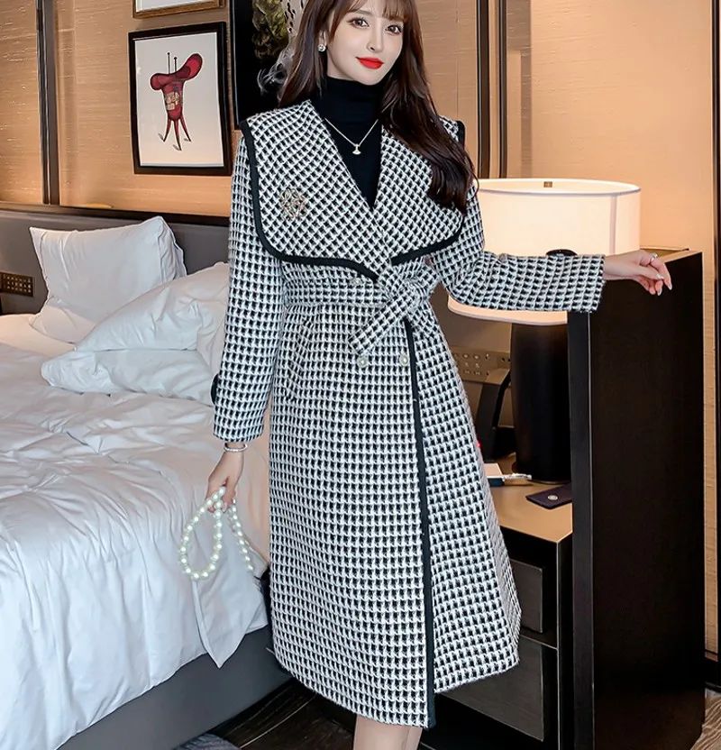 2021 Autumn winter Female Vintage Suit Collar Double-Breasted Lace-Up Waist Cuffs Slit Houndstooth Woolen Coat
2021 Autumn winter Female Vintage Suit Collar Double-Breasted Lace-Up Waist Cuffs Slit Houndstooth Woolen Coat