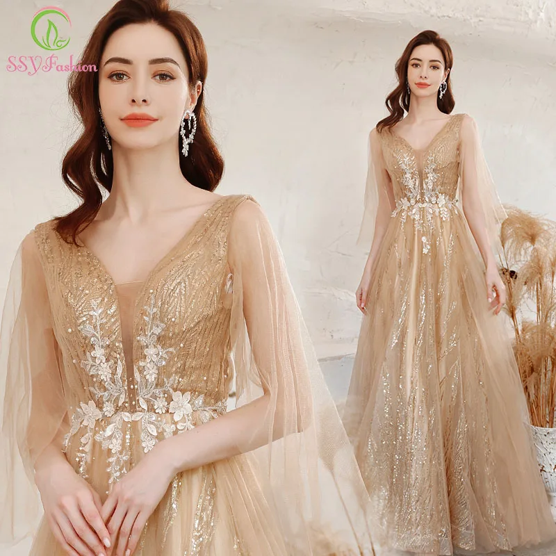 SSYFashion Luxury Gold Evening Dress Glittering Elegant V-neck Lace Beading A-line Long Formal Gown for Women Vestidos De Noche
SSYFashion Luxury Gold Evening Dress Glittering Elegant V-neck Lace Beading A-line Long Formal Gown for Women Vestidos De Noche