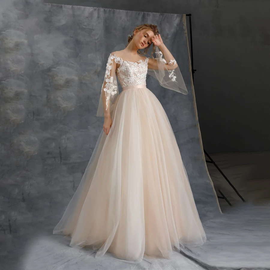 

Sheer Bell Long Sleeves Applique Lace Champagne Wedding Dress Empire Waist Sexy Bridal Gowns Sweep Train