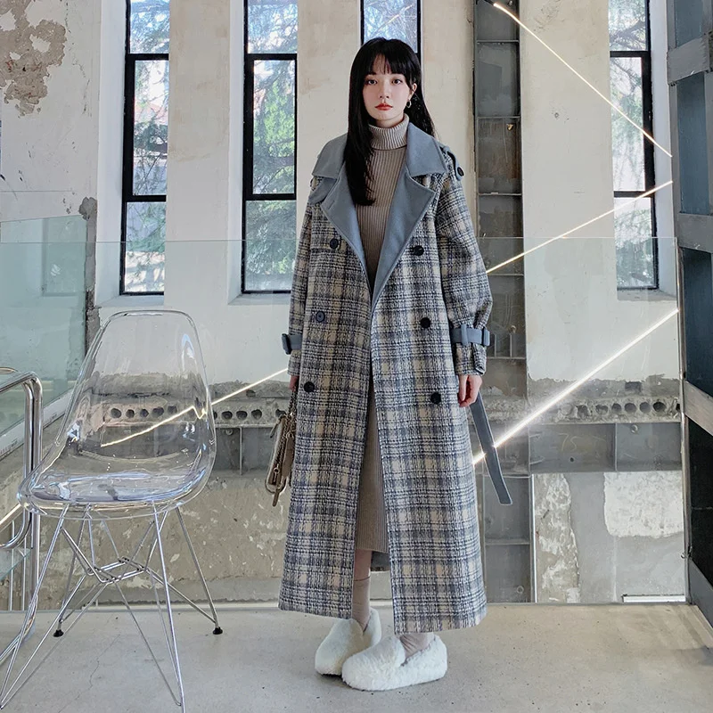 Popular stitching woolen plaid coat women's Korean version 2021 autumn winter new casual gentle all-match lady woolen coat femme 
Popular stitching woolen plaid coat women's Korean version 2021 autumn winter new casual gentle all-match lady woolen coat femme