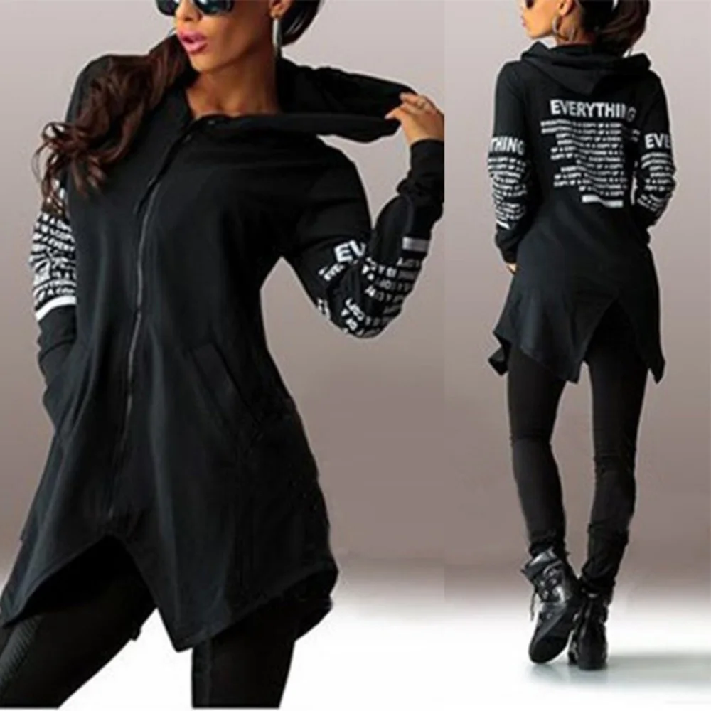 

Women Sweatshirts Casual Hooded Letters Print Irregular Hem Outwear Harajuku Asymmetric Zipper Back Split Female Streetwear