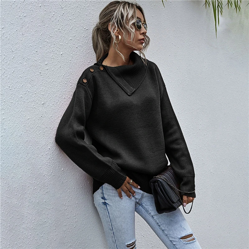 Fall/winter women's side lapel pullover sweater casual shoulder button half open collar solid color sweater knit sweater MY19071
Fall/winter women's side lapel pullover sweater casual shoulder button half open collar solid color sweater knit sweater MY19071
