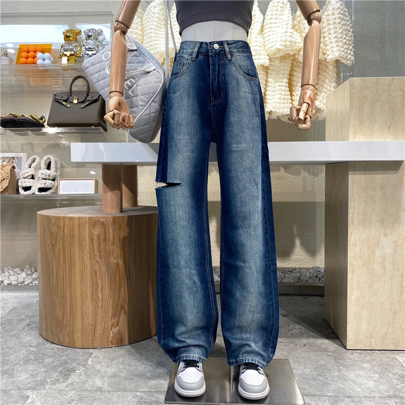 New 2021 Made Old Vintage Gradient Wash With Side Holes Loose Denim Trousers High Waisted Drape Wide Leg Flooring Trousers
New 2021 Made Old Vintage Gradient Wash With Side Holes Loose Denim Trousers High Waisted Drape Wide Leg Flooring Trousers