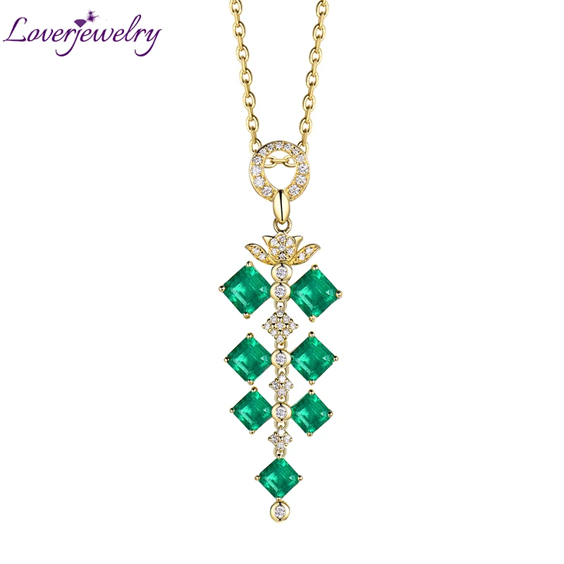 

LOVERJEWELRY Natural Emerald Women Pendant Necklace 18K Yellow Gold Diamonds 4.4ct Emerald Leaf Pendants Engagement Lady Jewelry