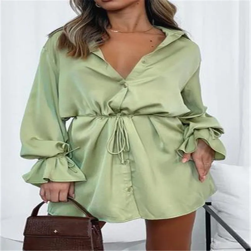 Women Casual Solid Color Shirt Dress Lapel Flared Sleeve Single-breasted Tied Dress Loose Lace-up Dress For Ladies Streetwear
Women Casual Solid Color Shirt Dress Lapel Flared Sleeve Single-breasted Tied Dress Loose Lace-up Dress For Ladies Streetwear