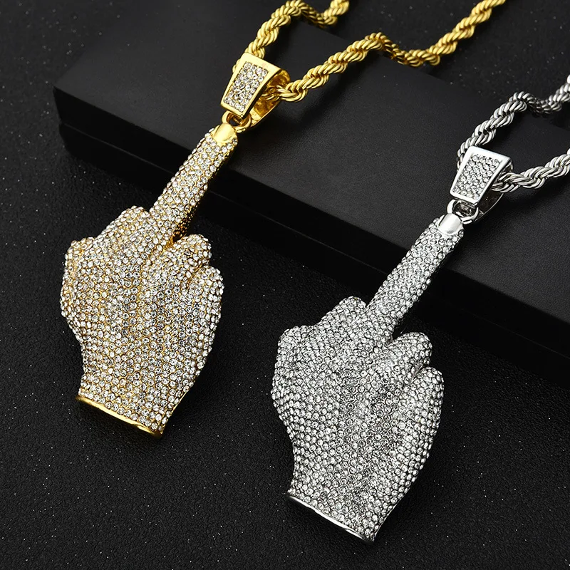 European and American Street Style Hip Hop Full Zircon Big Finger Pendant Vertical Middle Finger Men's and Women's Necklace
European and American Street Style Hip Hop Full Zircon Big Finger Pendant Vertical Middle Finger Men's and Women's Necklace